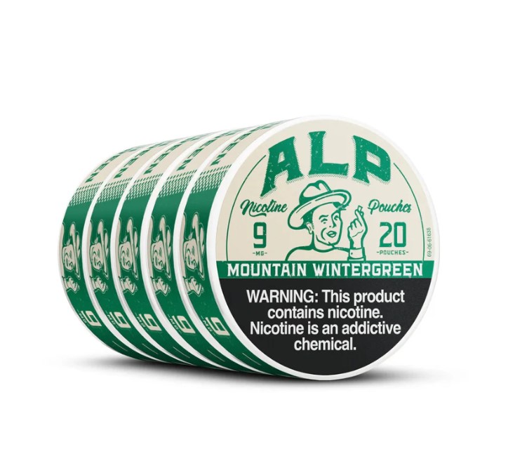 this is a photo of alp nicotine pouches 9mg mountain wintergreen flavor